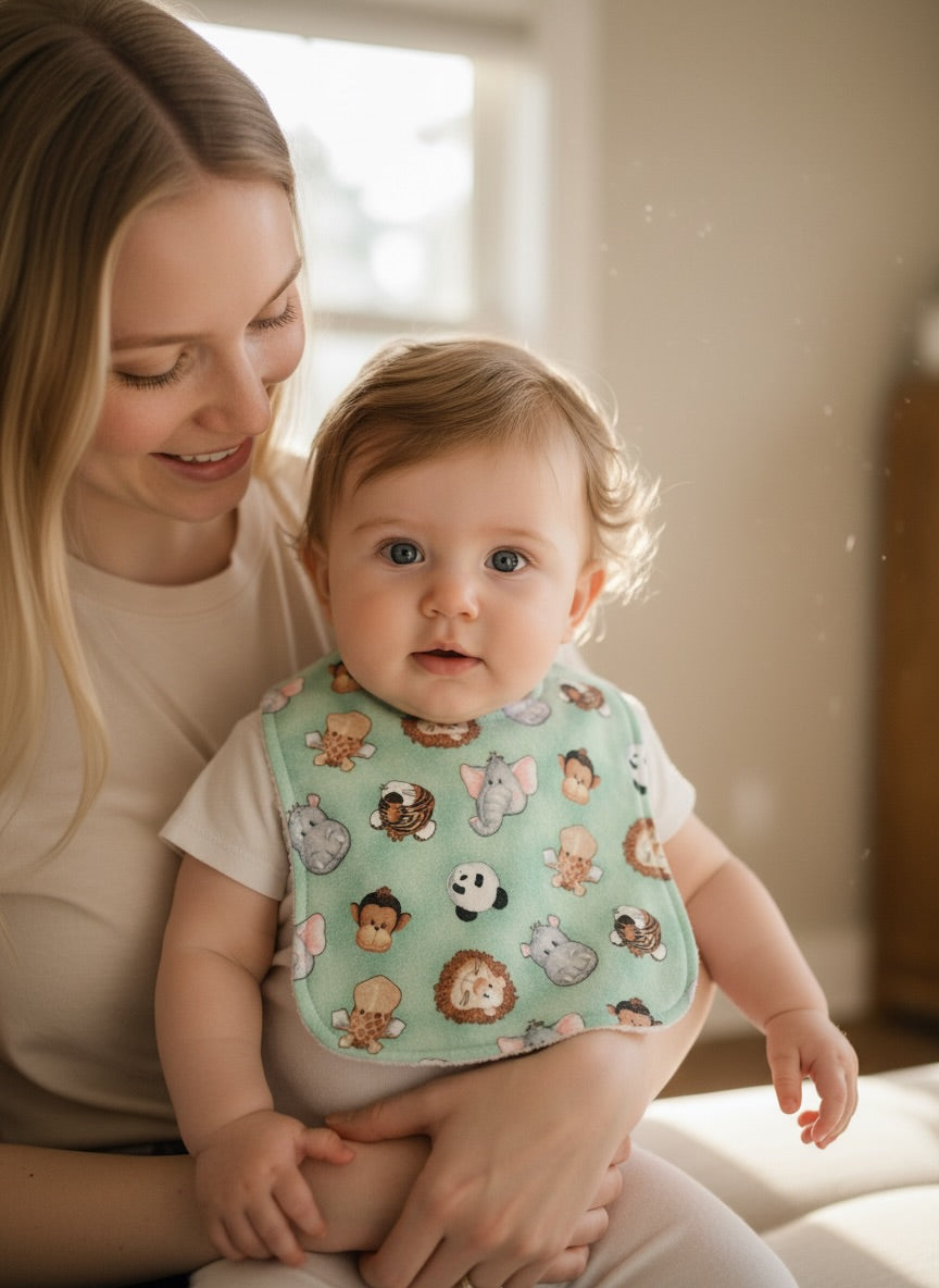 Reversible Baby Bib and Burp Cloth Set- Animals