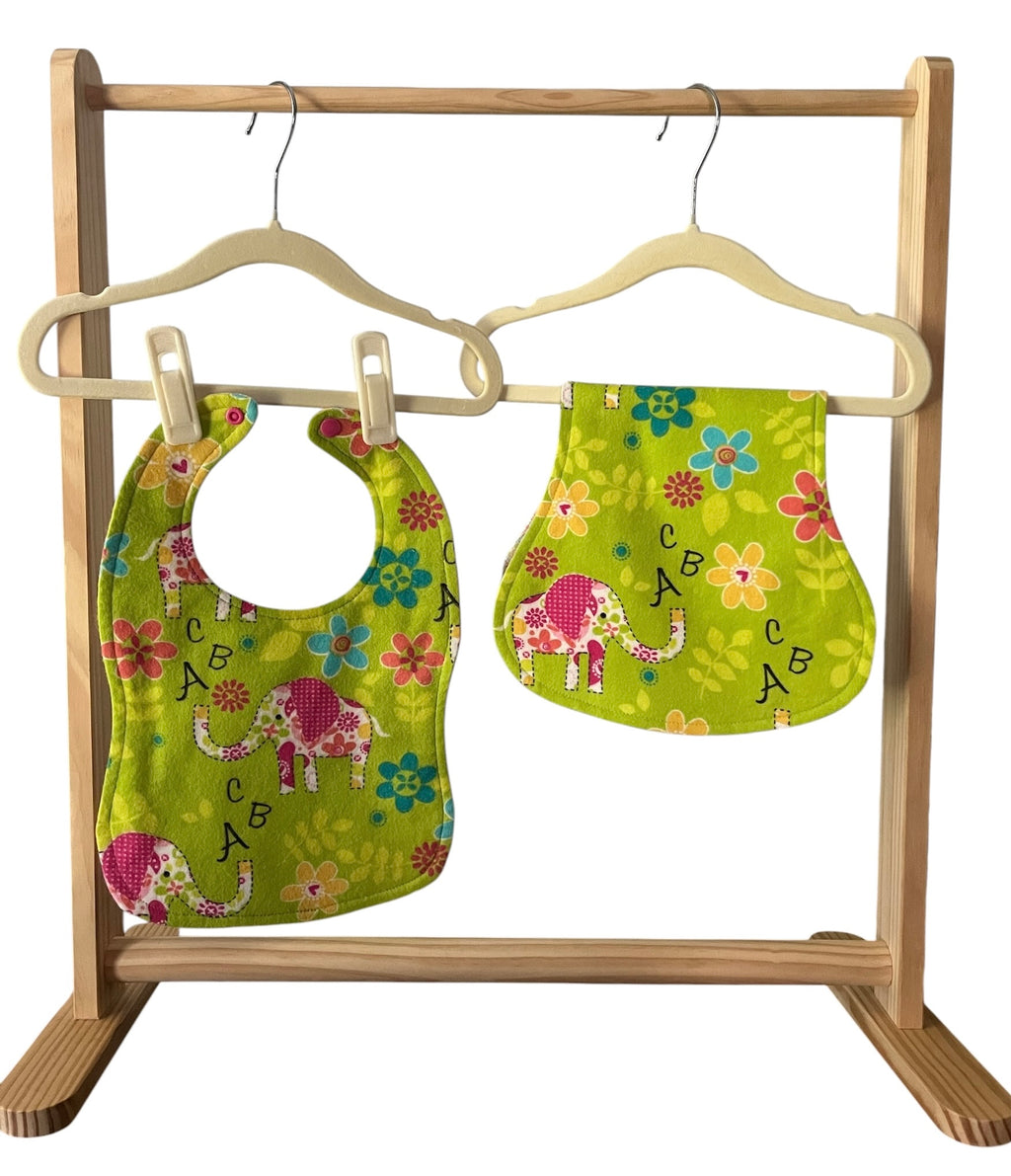 Reversible Baby Bib and Burp Cloth Set- Green Elephant ABC