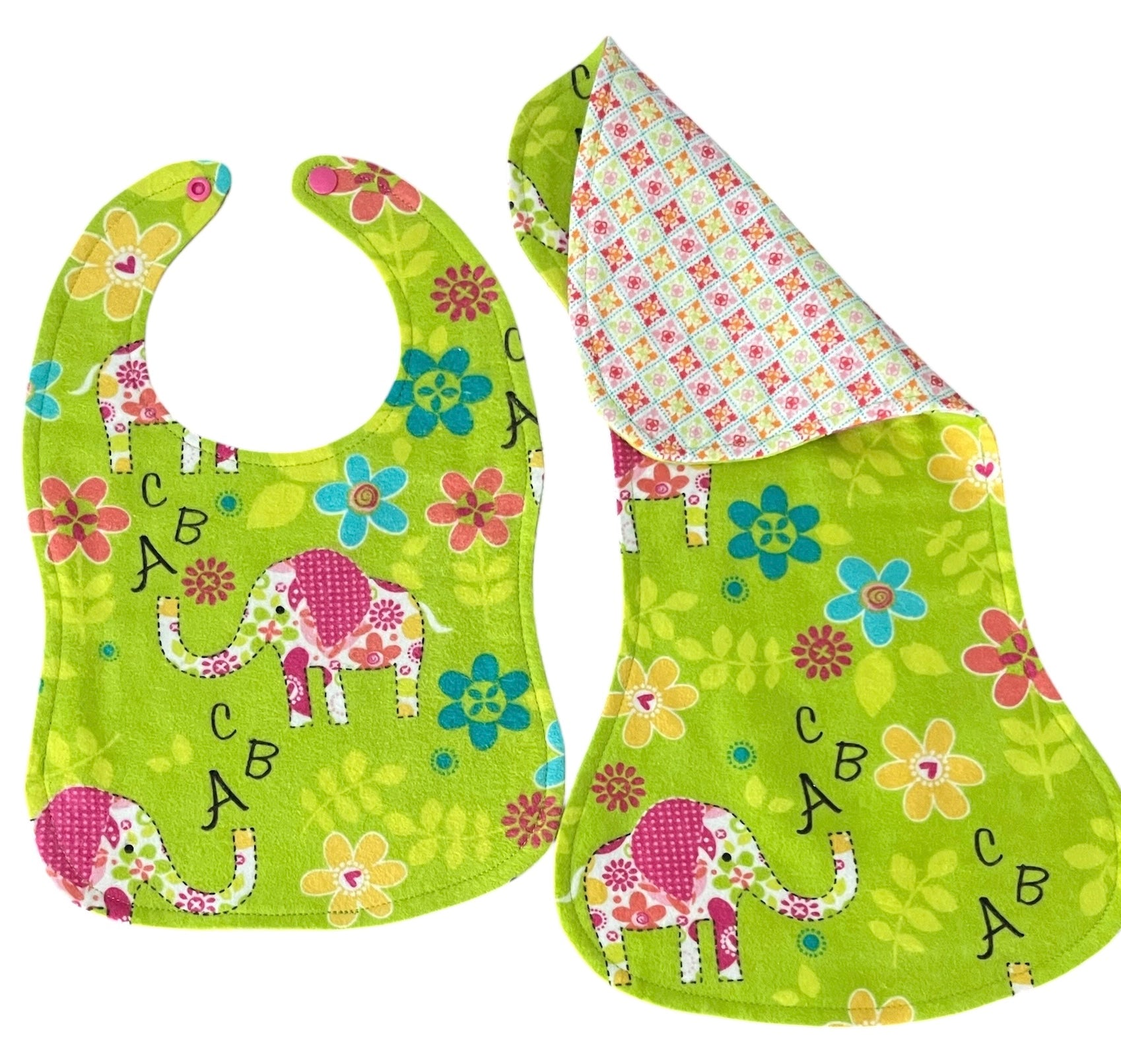 Reversible Baby Bib and Burp Cloth Set- Green Elephant ABC