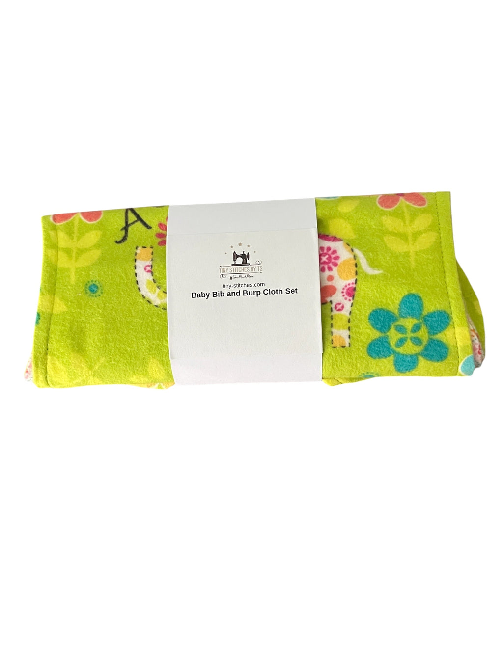 Reversible Baby Bib and Burp Cloth Set- Green Elephant ABC