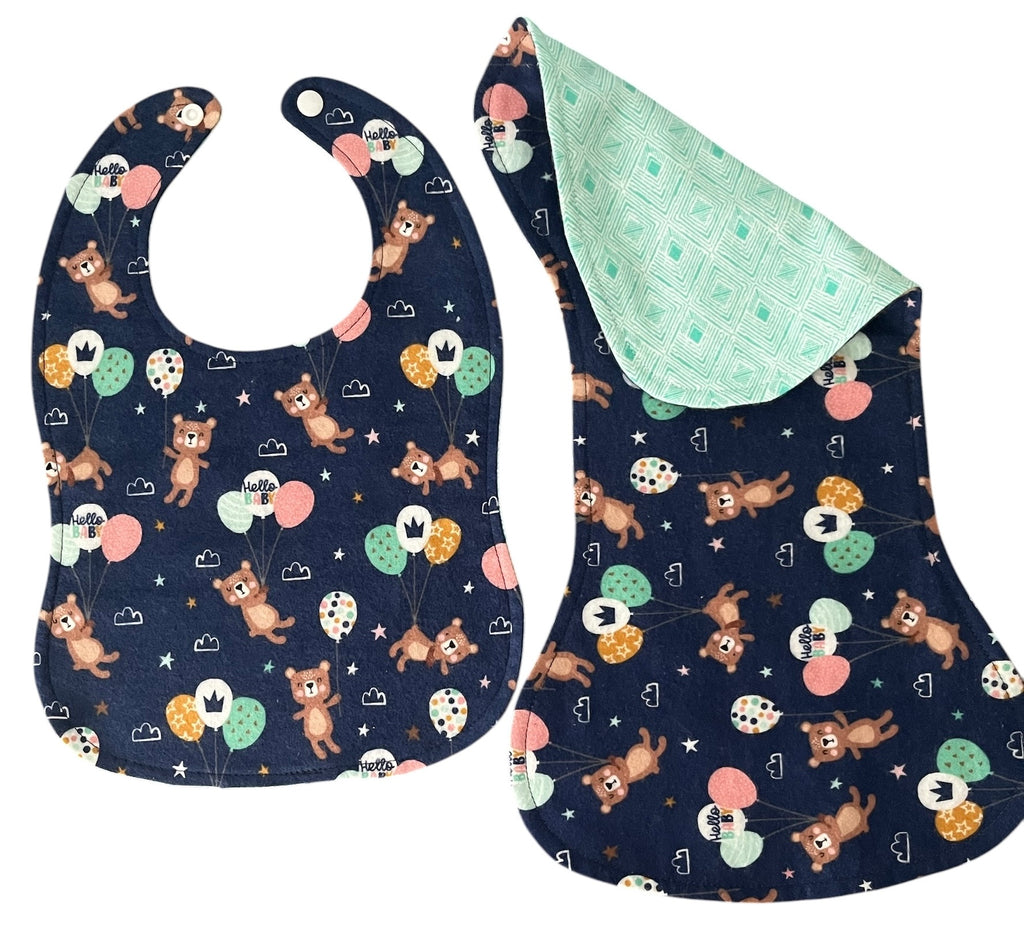 Reversible Baby Bib and Burp Cloth Set- Teddy Bear