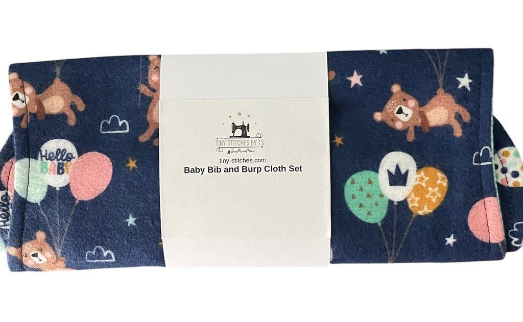 Reversible Baby Bib and Burp Cloth Set- Teddy Bear