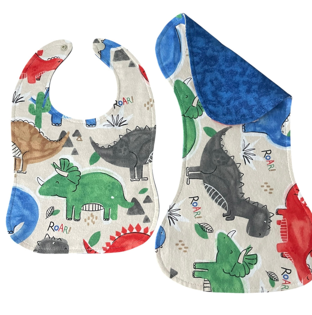 Reversible Baby Bib and Burp Cloth Set- Dinosaurs