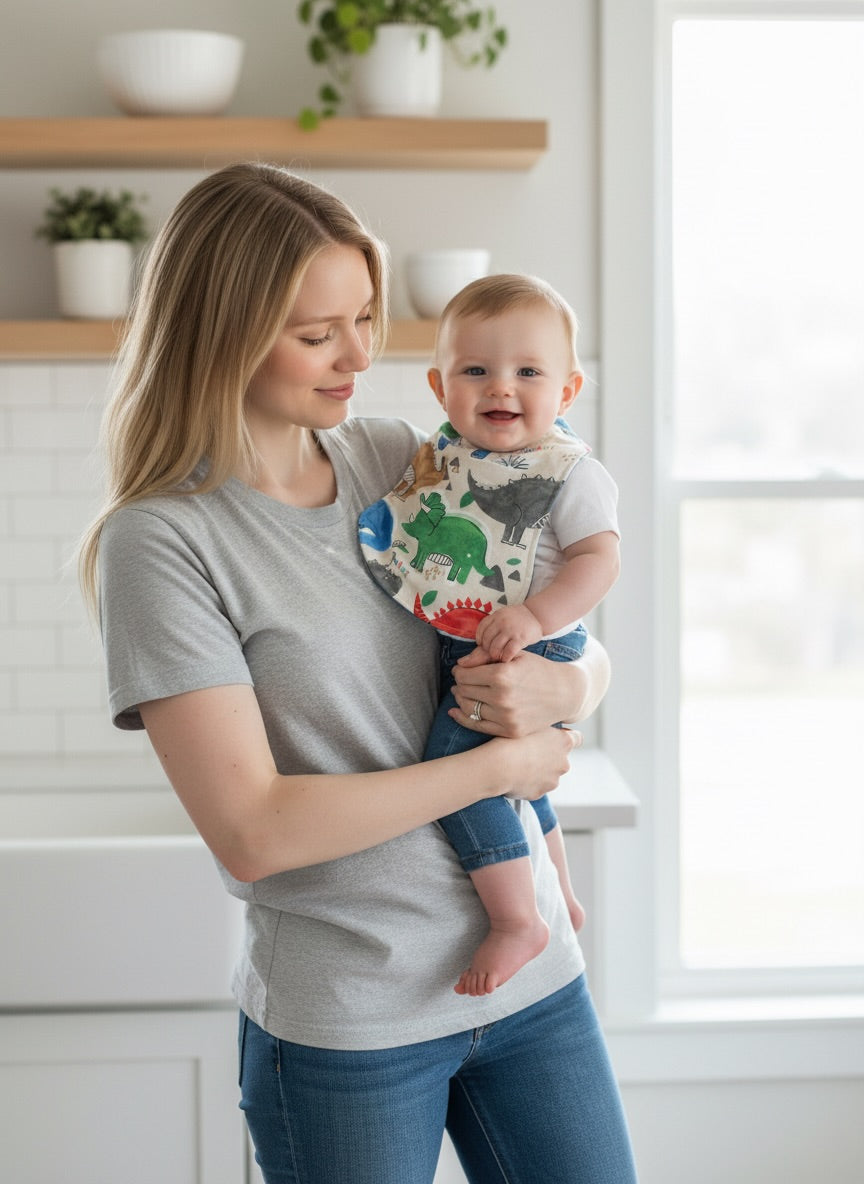 Reversible Baby Bib and Burp Cloth Set- Dinosaurs