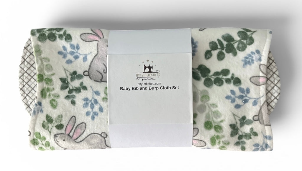 Reversible Baby Bib and Burp Cloth Set-Bunnies