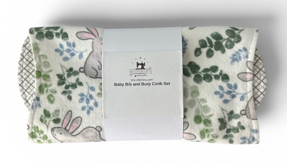 Reversible Baby Bib and Burp Cloth Set-Bunnies