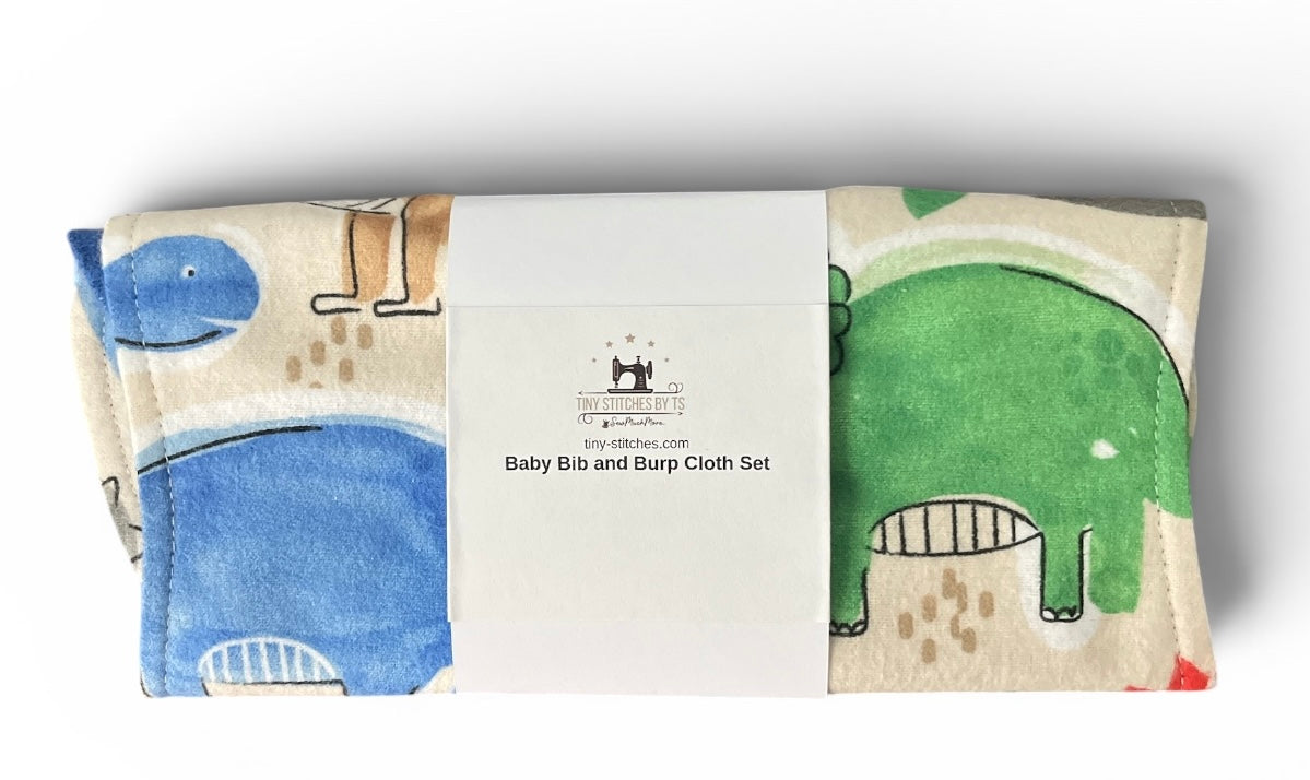 Reversible Baby Bib and Burp Cloth Set- Dinosaurs