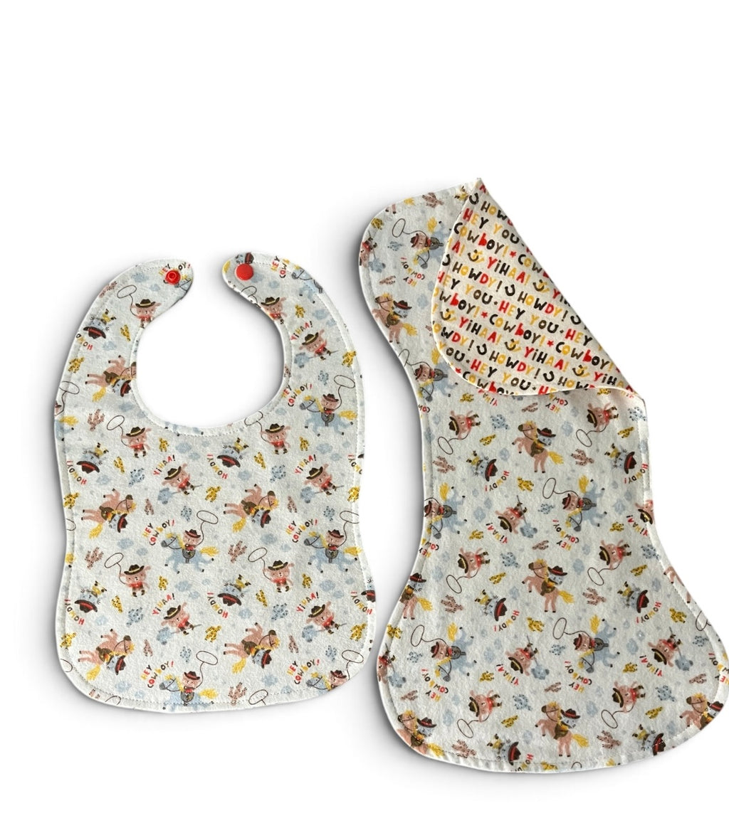 Reversible Baby Bib and Burp Cloth Set- Cowboy Animals