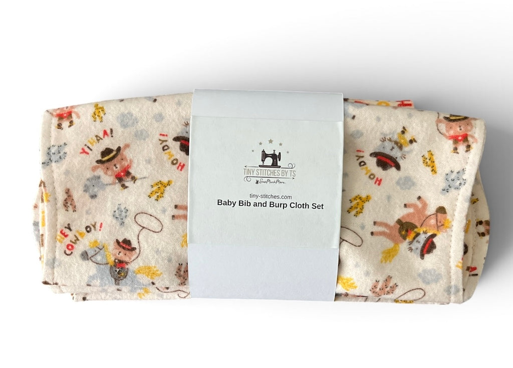 Reversible Baby Bib and Burp Cloth Set- Cowboy Animals