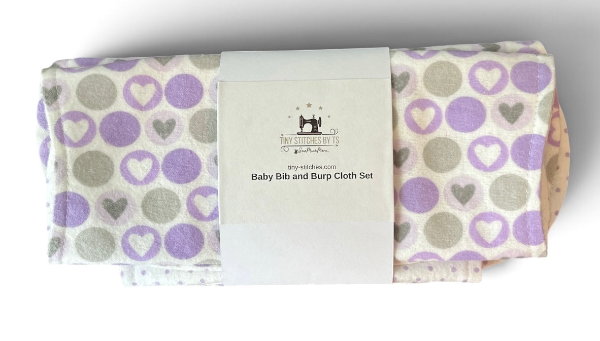 Reversible Baby Bib and Burp Cloth Set- Hearts